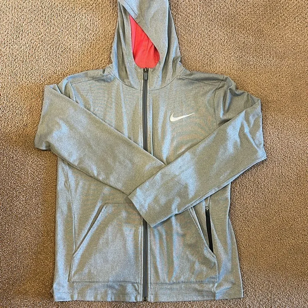 Nike Boys Dri Fit Grey Logo Zip-up Hooded Lightweight Shirt/Jacket - Size XL
